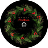 Merry Christmas holiday wreath cute spare tire cover design on black vinyl with a camera hole space for a back up camera.