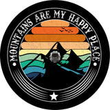 Multi-colored striped background with a mountain silhouette spare tire cover and the saying, "mountains are my happy place" written around the edge spare tire cover design with a back up camera hole