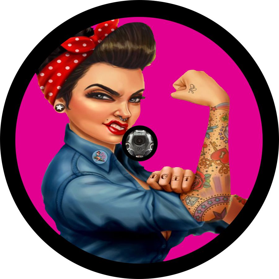 Rosie the Riveter with Tattoos (American Flag) Spare Tire Cover for any Vehicle, Make, buy Model and Size