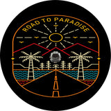 Thin lined designed gives the look of an embroidered spare tire cover design. Road to paradise tire cover with a scene of  road, trees, mountains, and the sun. with a back up camera hole for back up cameras