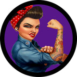 Purple background fierce tattooed Rosie the Riveter spare tire cover custom made to order for any size vehicle including spare tire cover for Jeep, camper, Bronco, RV, FJ Cruiser, trailers, and more.