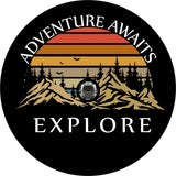 Black vinyl unique tire cover  design. Adventure awaits and explore written around mountains and layered striped lines to mimic that beautiful colors of the sky. Tire cover for backup camera.