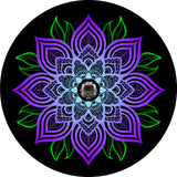 Purple Mandala Flower with Green Leaves Spare Tire Cover for any Vehicle, Make, Model and Size