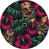 Hibiscus flowers and tiki mask pattern custom made to order spare tire cover design for black vinyl wheel covers on Jeeps, RV, Campers, Trailers, Broncos and more. Designed to fit vehicle wheel covers that need a camera hole. 