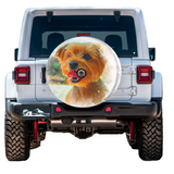 Custom spare tire cover of your dog in a full color for Jeep, Bronco, RV, Trailer, Camper, and more with a back up camera