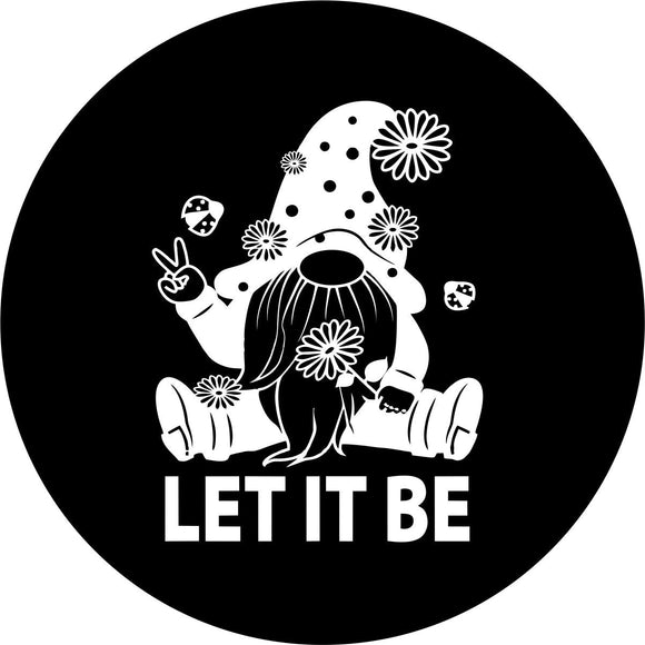 Black vinyl spare tire cover design of a white Scandinavian gnome sitting down with flowers and lady bugs giving a peace sign and the saying 