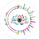 Tie-dye Lotus flower inside a sun image and arrow on white vinyl for vehicles with backup camera