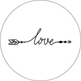 A simple spare tire cover design on white vinyl of the word love in a cursive font that with the beginning and end intended to look like an arrow. 