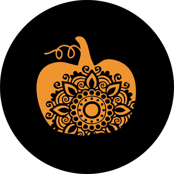 Orange pumpkin silhouette and a mandala design inside as a design for a spare tire cover for a Bronco, Jeep, RV, camper, sprinter van, and more.