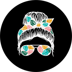 Tropical Girl with topknot bun and sunglasses spare tire cover for Jeep, Bronco, RV, camper, and more