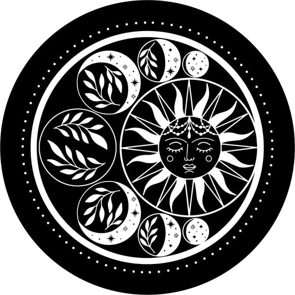 Detailed Moon Phase Around the Sun on a spare tire cover design 