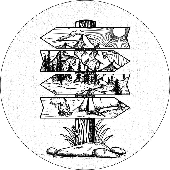 A creative and unique spare tire cover design of a wooden sign pointing in different directions with a landscape sketched of mountains and a camp site.