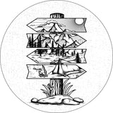 A creative and unique spare tire cover design of a wooden sign pointing in different directions with a landscape sketched of mountains and a camp site.