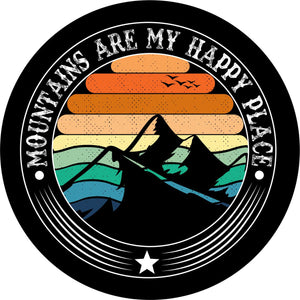 Multi-colored striped background with a mountain silhouette spare tire cover and the saying, "mountains are my happy place" written around the edge spare tire cover design.