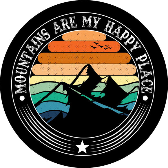 Multi-colored striped background with a mountain silhouette spare tire cover and the saying, 