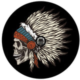 Side profile view of a skull wearing a native american headdress indian chief warrior spare tire cover design for Jeep, RV, Bronco, van, trailer, camper, and more on black vinyl with space for a back up camera hole