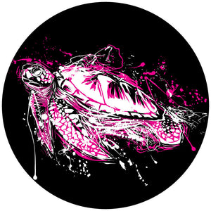 Tuscadero pink sea turtle paint splatter design spare tire cover for Jeep, Bronco, RV, camper, trailer, and more. Designed for white vinyl.