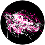 Tuscadero pink sea turtle paint splatter design spare tire cover for Jeep, Bronco, RV, camper, trailer, and more. Designed for black vinyl.