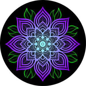 Purple Mandala Flower with Green Leaves Spare Tire Cover for any Vehicle, Make, Model and Size