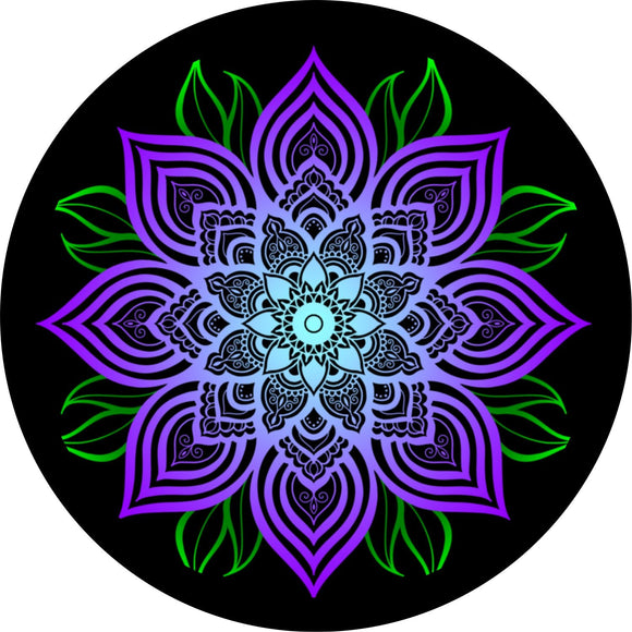 Purple Mandala Flower with Green Leaves Spare Tire Cover for any Vehicle, Make, Model and Size