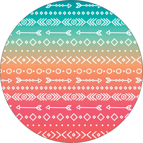 Turquoise, orange, and red ombre colored creative spare tire cover with arrow and Aztec or southwestern printed pattern.  Unique spare tire cover design for a wheel cover on a Bronco, Jeep, RV, camper, and more