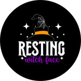 Resting witch face and a spooky witch hat spare tire cover design for the fall halloween season.