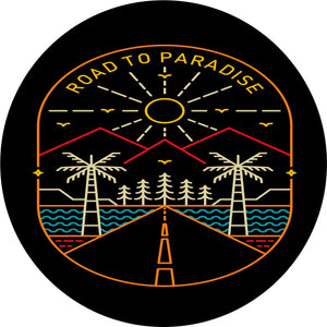 Thin lined designed gives the look of an embroidered spare tire cover design. Road to paradise tire cover with a scene of  road, trees, mountains, and the sun.