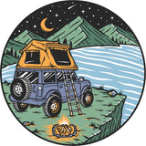 Camping spare tire cover. Campsite camping with your SUV and a rooftop tent on a mountain side overlooking the water under the night sky. Creative spare tire cover for camping enthusiasts.