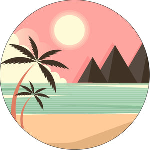 Light pastel colored tropical beach scene where the mountains meet the sea spare tire cover for Jeep, RV, Bronco, Camper, and more.