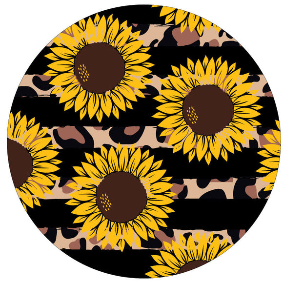 Black stripes with leopard or cheetah print stripes in the background and sunflowers in the foreground spare tire cover for Jeep, RV, Bronco, and more