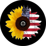 Sunflower colored half and half with it's original sunflower color and the other half is a rustic american flag print. Half sunflower half american flag spare tire cover for Jeep, Bronco, RV, camper, van, and more made with a JL back up camera design