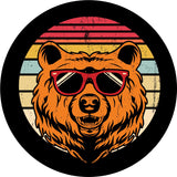 Spare tire cover on black vinyl of red, yellow, and cream stripes in the background with a rustic vintage look and a bear head wearing sunglasses. 