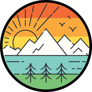 Landscape mountain tire cover design with thin lined graphics to create a cute and whimsical retro design. Spare tire cover for Jeep, RV, bronco, and more.