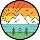 Landscape mountain tire cover design with thin lined graphics to create a cute and whimsical retro design. Spare tire cover for Jeep, RV, bronco, and more.