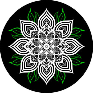 White Mandala Flower with Green Leaves