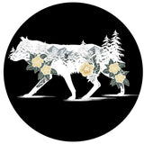 White wolf unique spare tire cover design with the wild wilderness mountains, trees and flowers double exposed inside the wolf