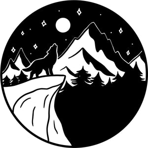 Spare tire cover for a Jeep, Bronco, RV, Camper, Trailer, or other vehicle with a silhouette graphic of a wolf howling at the moon on a mountainside  with space for JL backup camera