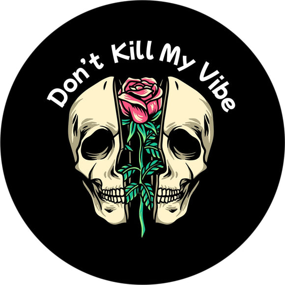 Black vinyl spare tire cover design for any vehicle including Jeep, Bronco, camper, RV, trailer, and more. Skull design split in half with a rose and the saying, 