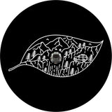 Creative spare tire cover design for black vinyl of a leaf outline and filled with hand drawn mountains and an exploring SUV, design is made for a back up camera hole.