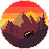 Vintage designed spare tire cover for Jeep, RV, trailers, campers, CR-V, FJ Cruiser, Bronco, and more. An SUV off-road in the mountains with an ombre sunset background.